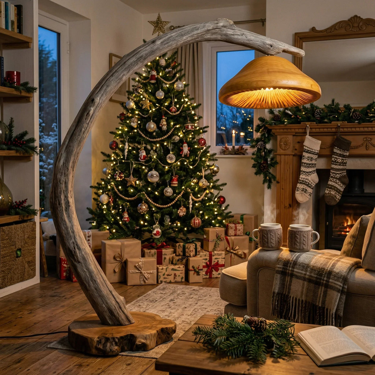 Skulpturale Treibholz-Pilz-Stehlampe mit Baumkanten-Holzfuß in einem gemütlichen weihnachtlichen Wohnzimmer