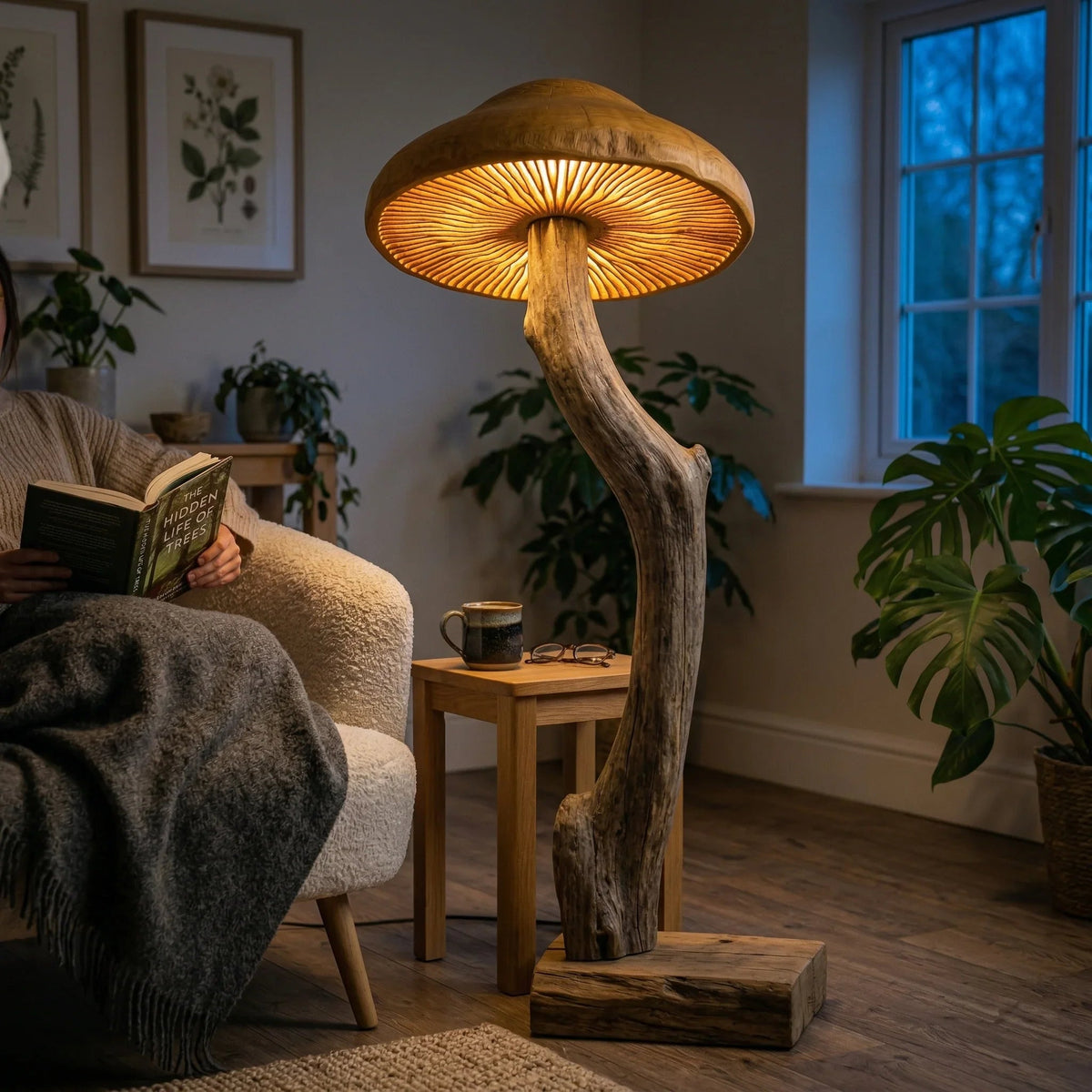 Geschwungene Treibholz-Pilz-Stehlampe mit breitem Hut und leuchtenden Lamellen auf Holzfuß in einem gemütlichen Wohnzimmer.