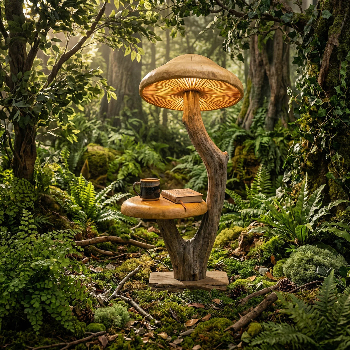 Geschwungene Treibholz-Pilz-Stehlampe mit leuchtendem Hut, Holzstiel und Beistelltisch-Regal in einem Wald.