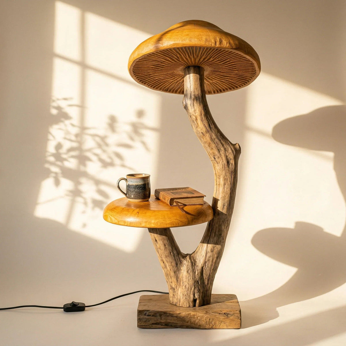 Geschwungene Treibholz-Stehlampe mit pilzförmigem Holzschirm und Regal im rustikalen Design