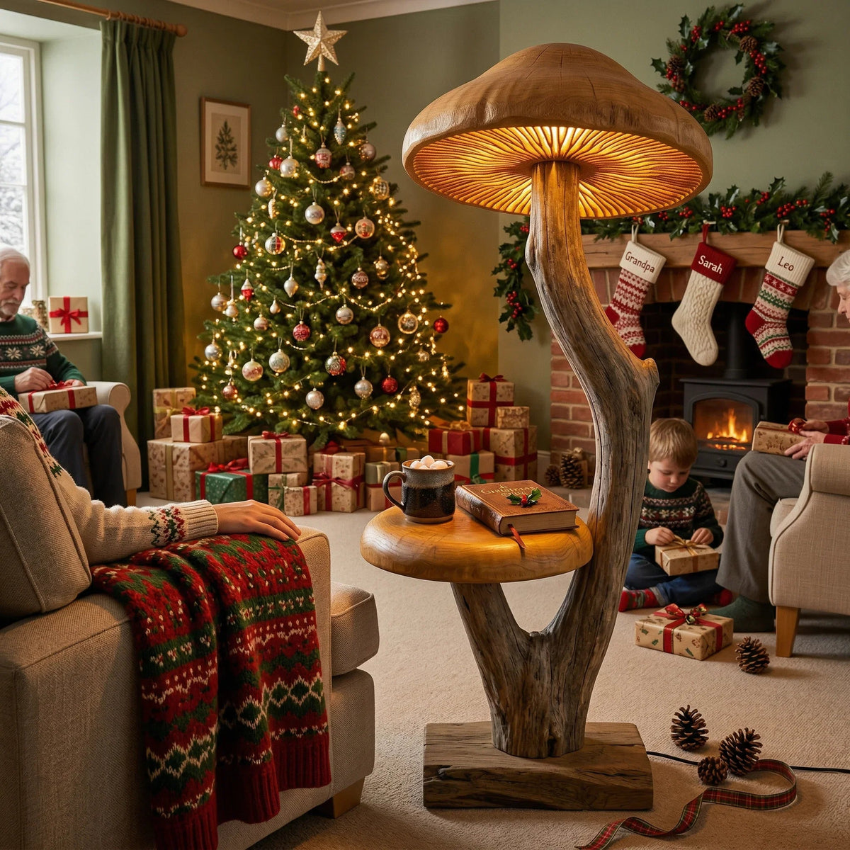 Geschwungene Treibholz-Pilz-Stehlampe mit breitem leuchtendem Hut und natürlichem Holzfuß in einem gemütlichen weihnachtlichen Wohnzimmer