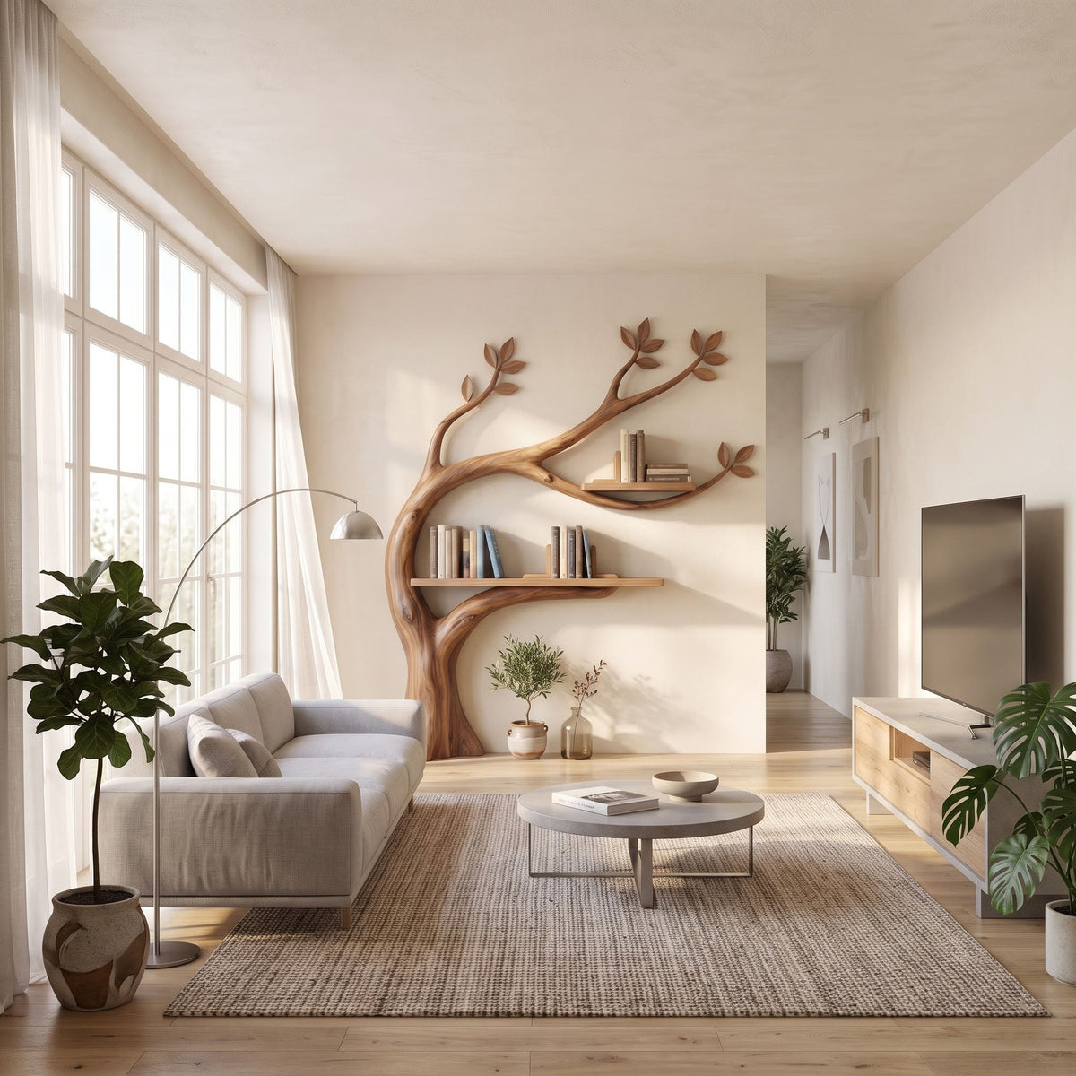 Botanisches Wand-Bücherregal mit geschwungenem Stamm aus Massivholz, gestylt in einem modernen Wohnzimmer