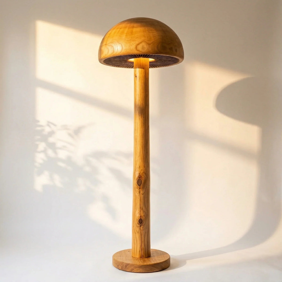 Pilz-Stehlampe aus Massivholz mit handgeschnitztem Lamellendetail und rundem Fuß