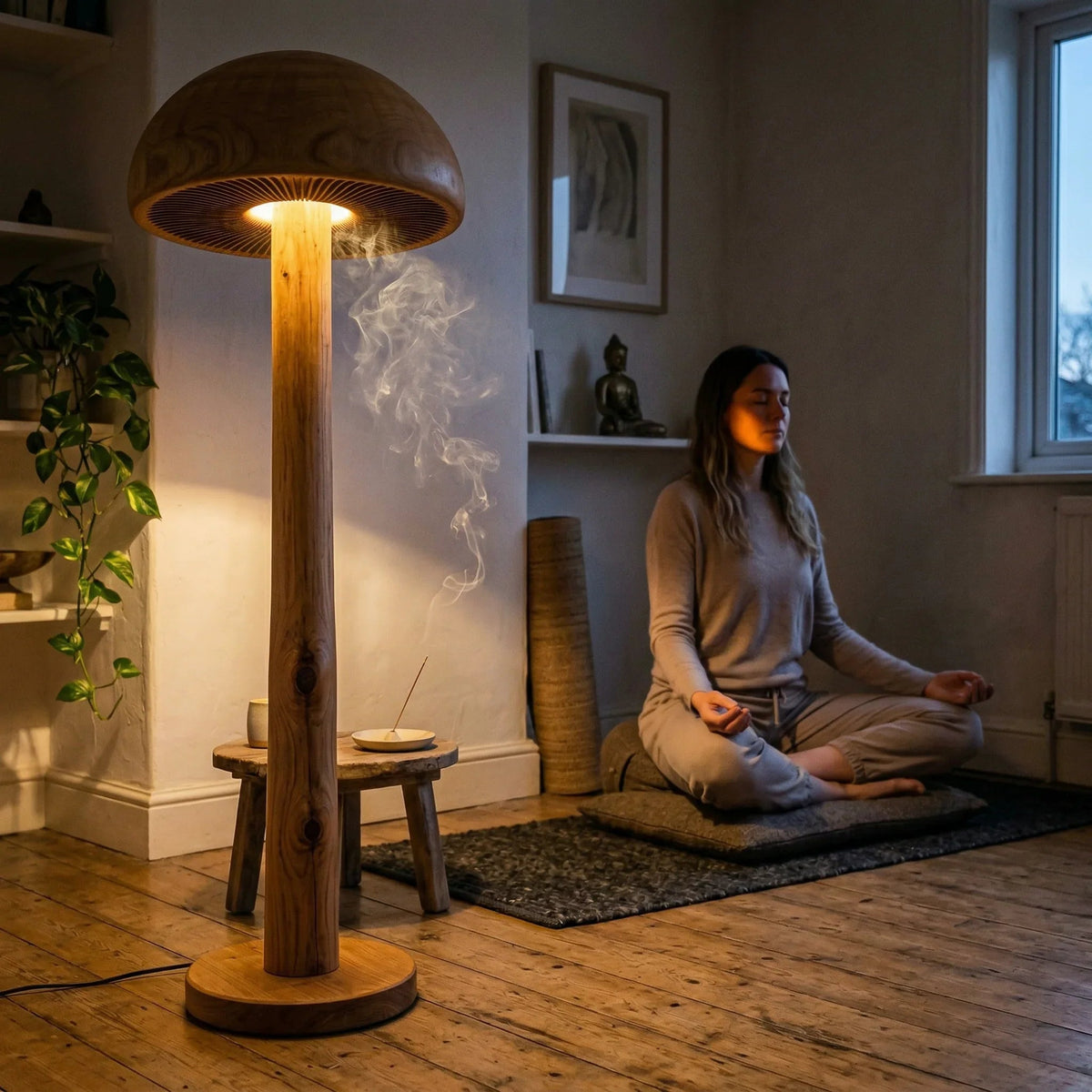 Pilz-Stehlampe aus Massivholz mit handgeschnitztem Lamellendetail in einer ruhigen Meditationsumgebung