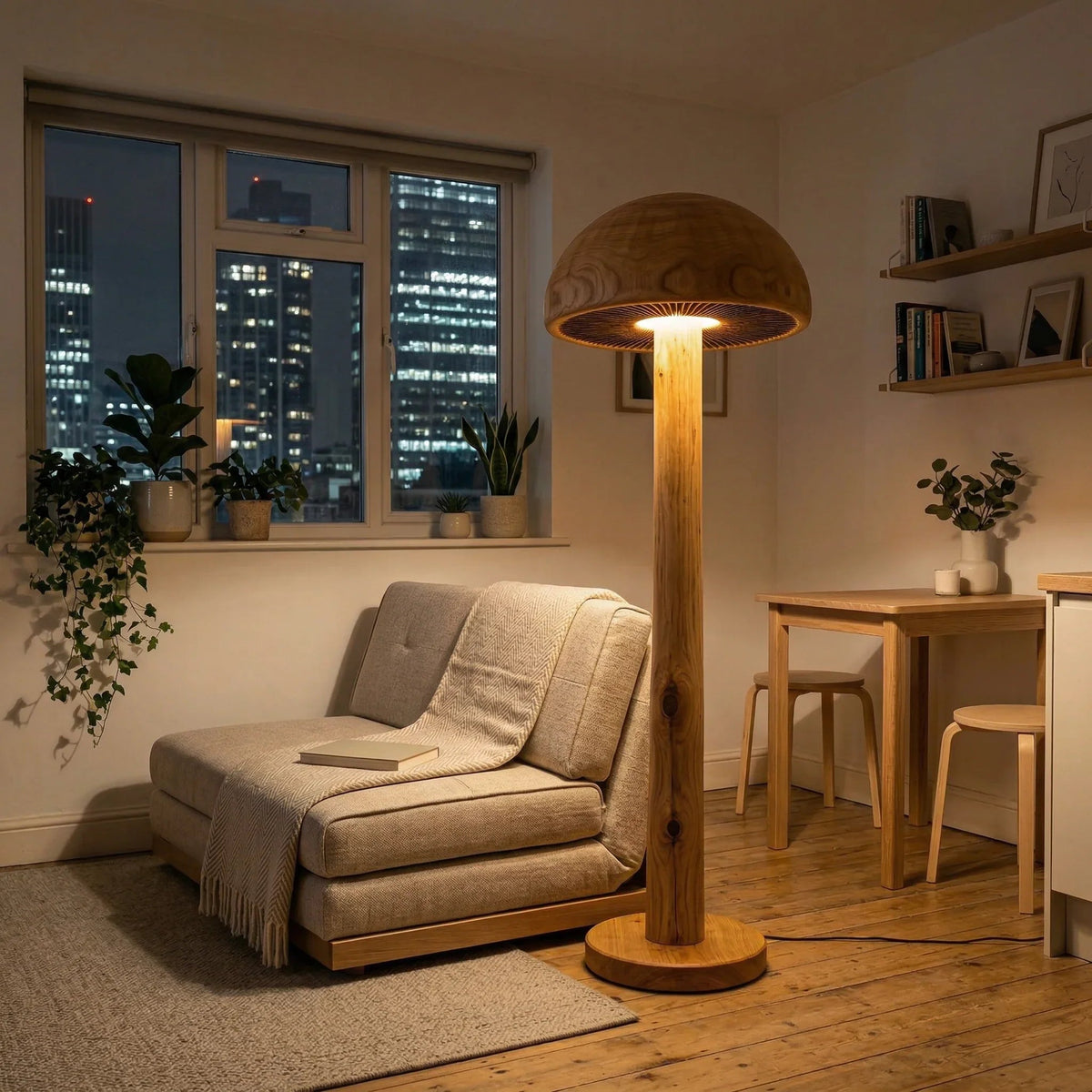 Pilzförmige Holz-Stehlampe mit geschnitztem Lamellendetail in einem gemütlichen modernen Wohnzimmer