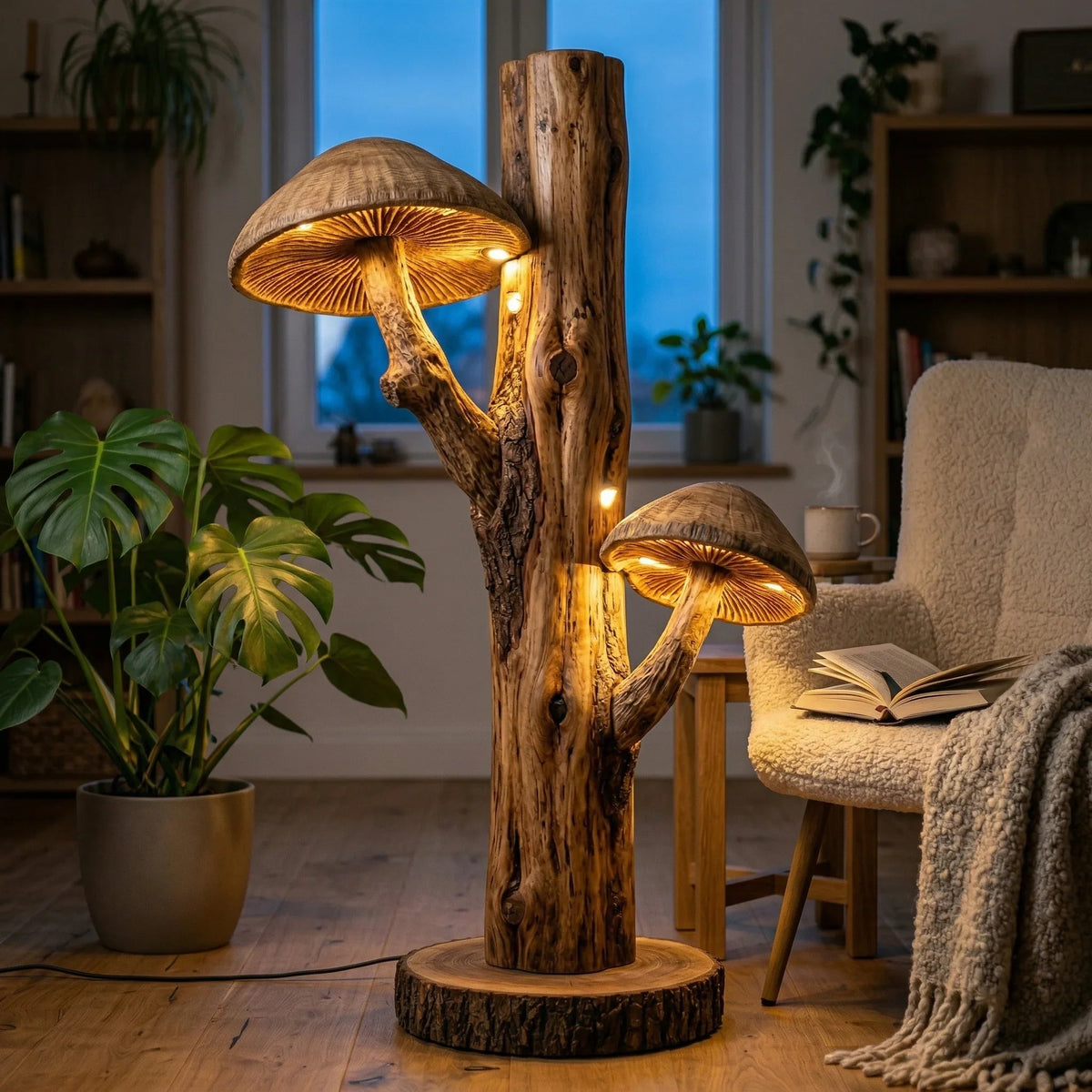 Doppelte Pilz-Stehlampe mit handgeschnitzten Lamellenhüten aus Holz auf natürlichem Baumstammfuß