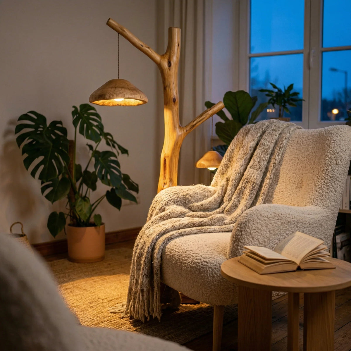 Doppelte Pendel-Pilzhut-Stehlampe mit natürlichem Holz-Astfuß in einem gemütlichen Wohnzimmer