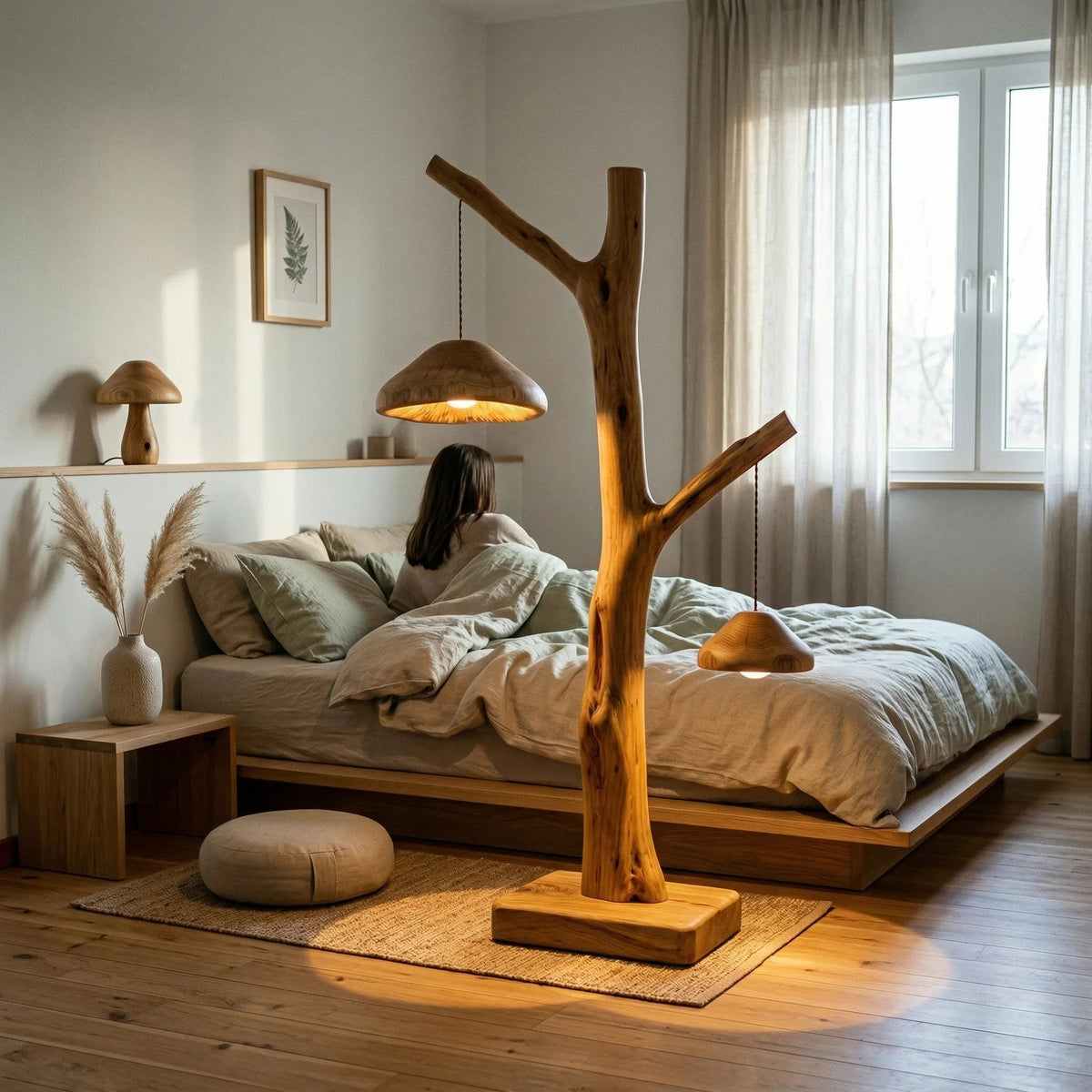 Doppelte Pendel-Pilzbaum-Stehlampe mit natürlichem Holzstamm und leuchtenden Hüten in einem gemütlichen Schlafzimmer