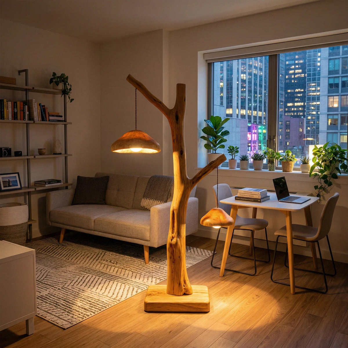 Doppelte Pendel-Pilzbaum-Stehlampe mit zwei leuchtenden Hüten auf natürlichem Holz-Astfuß in einem modernen Wohnzimmer