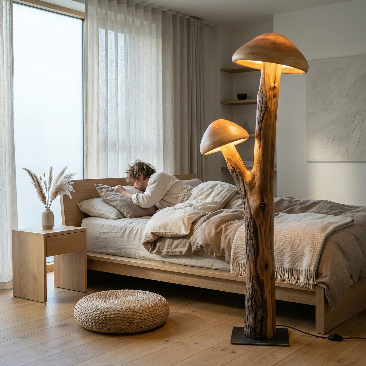 Doppelte Pilzhut-Stehlampe mit Holzstammfuß neben dem Bett in einem gemütlichen modernen Schlafzimmer