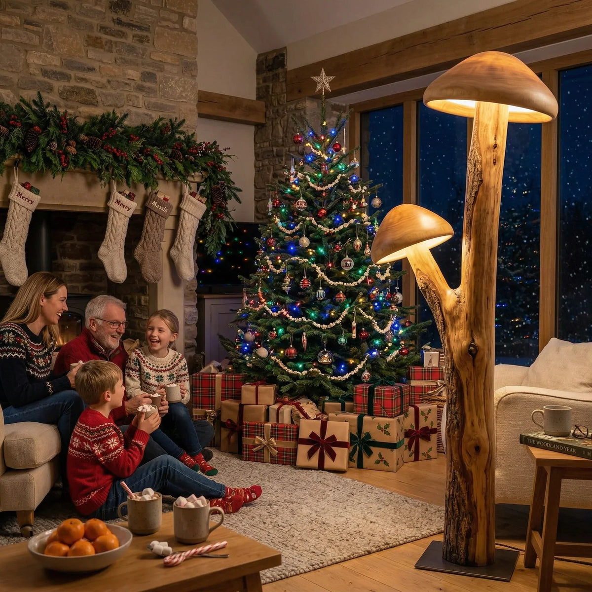 Doppelte Pilzhut-Stehlampe mit natürlichem Holzstamm und Metallfuß in einem gemütlichen weihnachtlichen Wohnzimmer