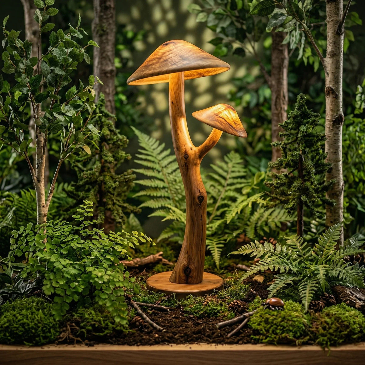 Doppelte Pilz-Stehlampe mit leuchtenden Holzhüten auf skulptiertem Aststiel, Waldumgebung