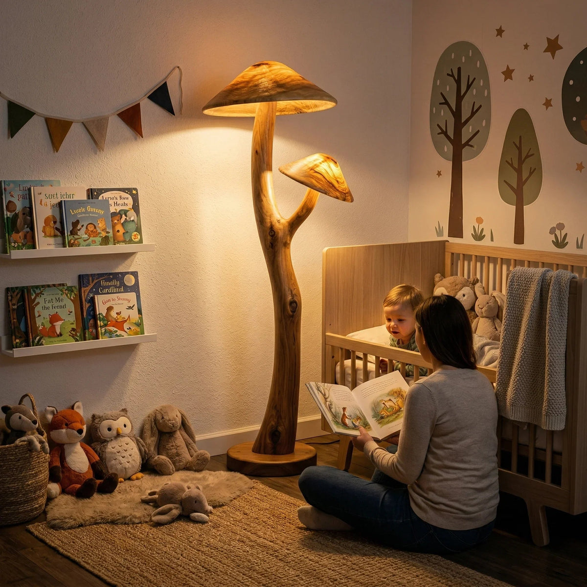 Doppelte transluzente Pilz-Stehlampe mit leuchtenden Holzhüten, skulptiertem Aststiel und Nussbaumfuß in einem gemütlichen Babyzimmer
