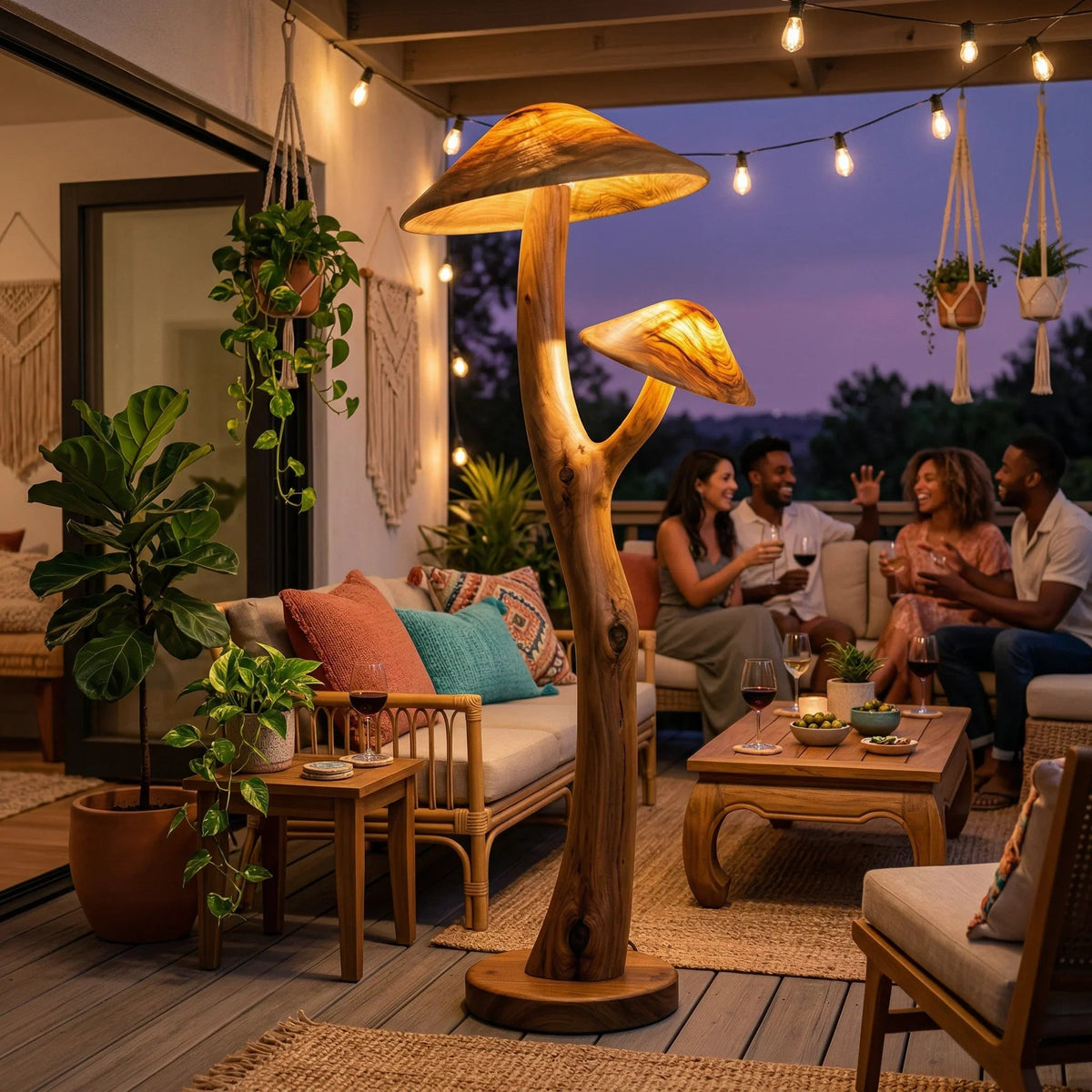 Doppelte transluzente Pilz-Stehlampe mit leuchtenden Holzhüten auf skulptiertem Aststiel und Nussbaumfuß, auf einer gemütlichen Terrasse mit Sitzgelegenheiten und Lichterketten.