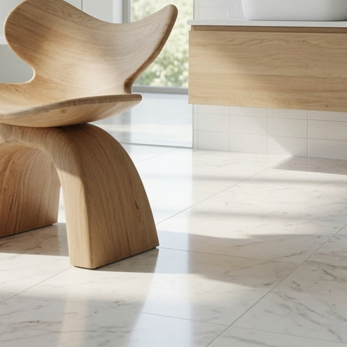 Handwerklicher Baumkanten-Badhocker aus Holz