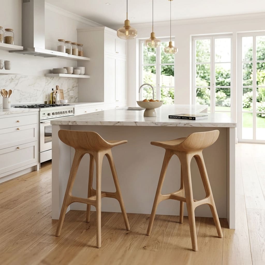 Ergonomischer Barhocker aus Massivholz, gestylt an einer modernen Kücheninsel