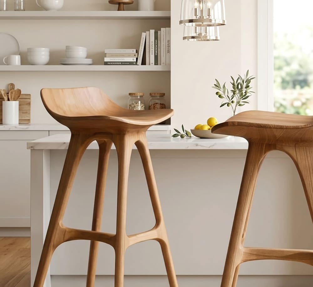 Organischer Holz-Barhocker im skulpturalen geschwungenen Design