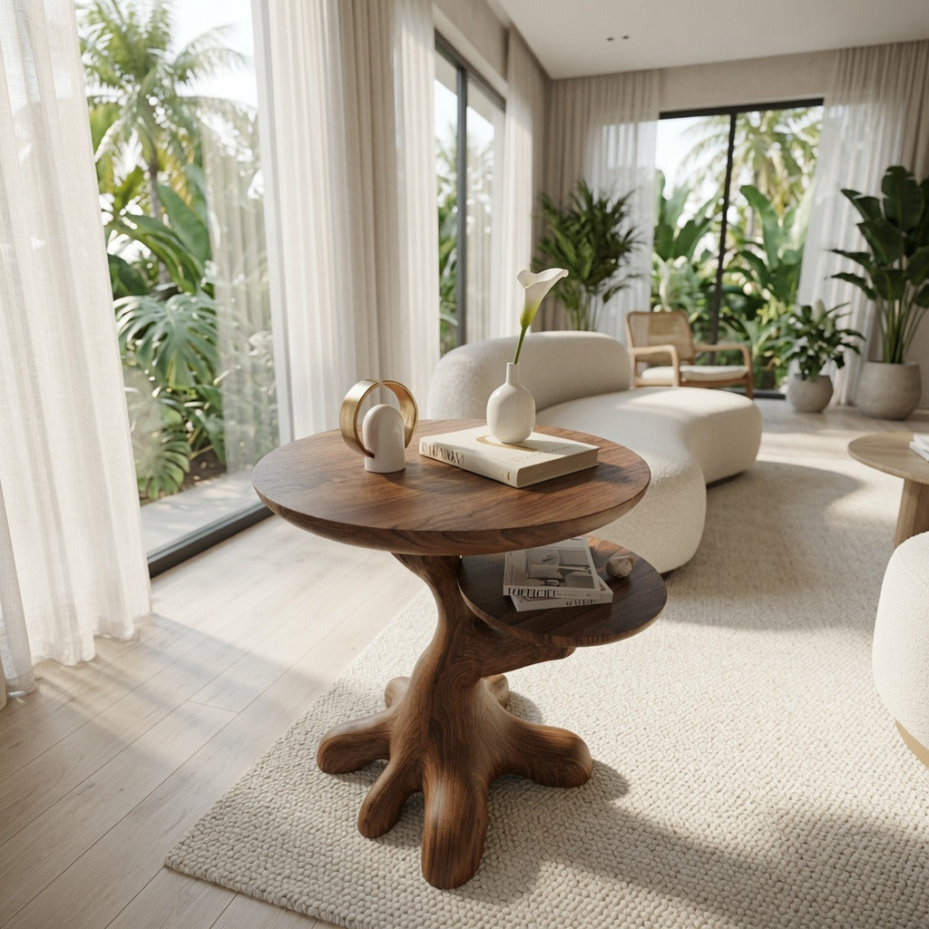 Beistelltisch aus Massivholz im Landhausstil neben einem Sofa in einem gemütlichen Wohnzimmer