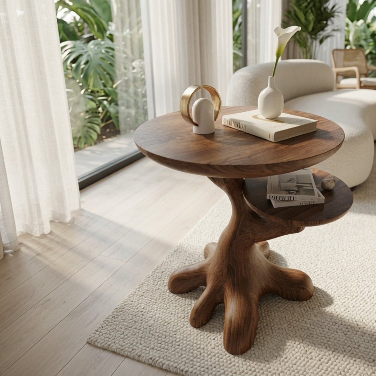 Handgefertigter rustikaler Holz-Beistelltisch in einem modernen Landhausinterieur
