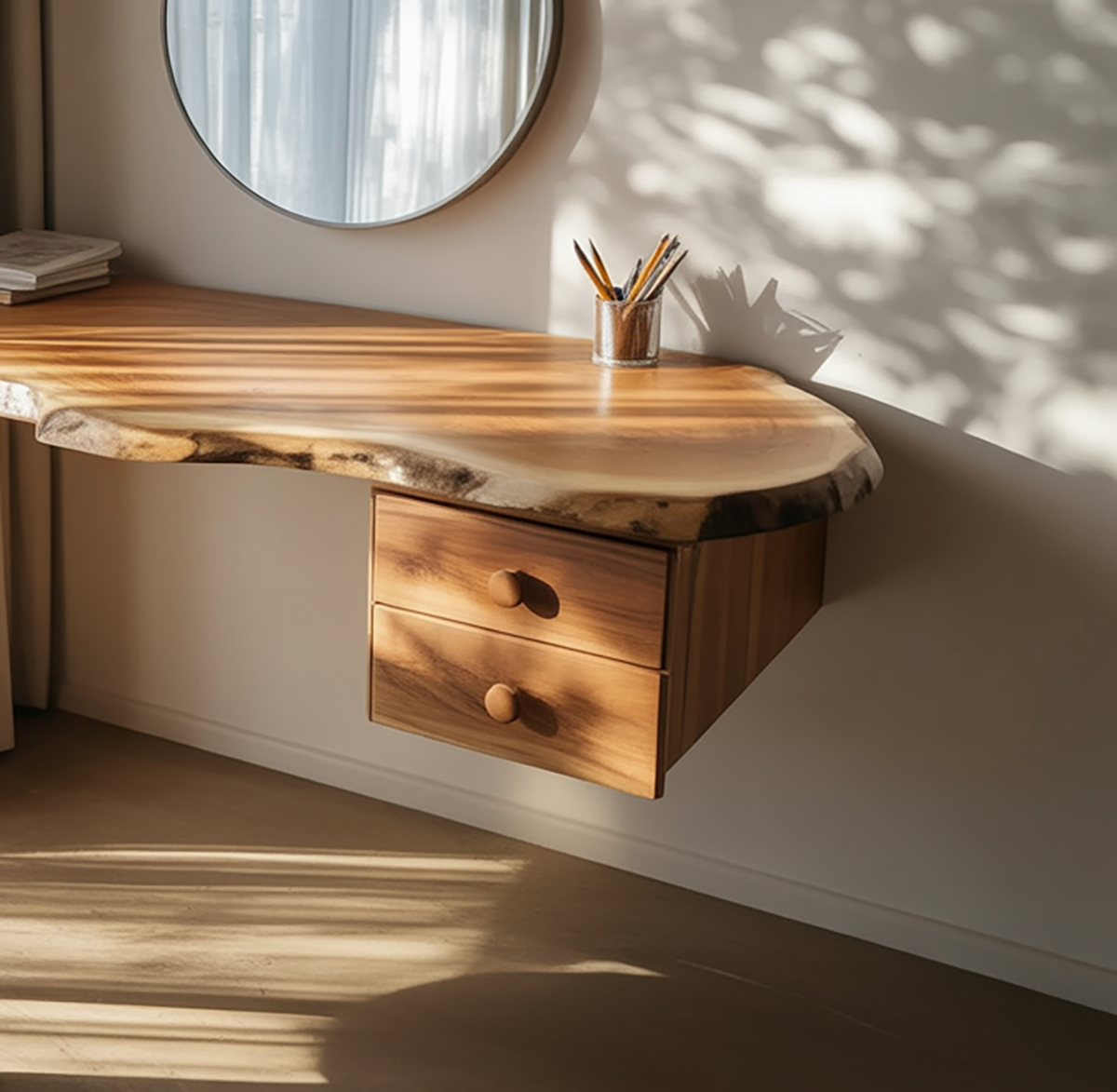 Wandmontierter Holz-Schminktisch mit natürlichem Baumkanten-Detail