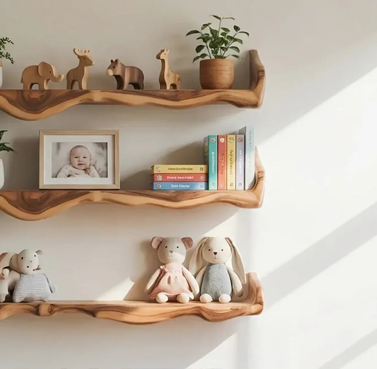 Schwebende Naturholzregale im Babyzimmer mit Babybüchern, Spielzeug und weichen Dekoartikeln