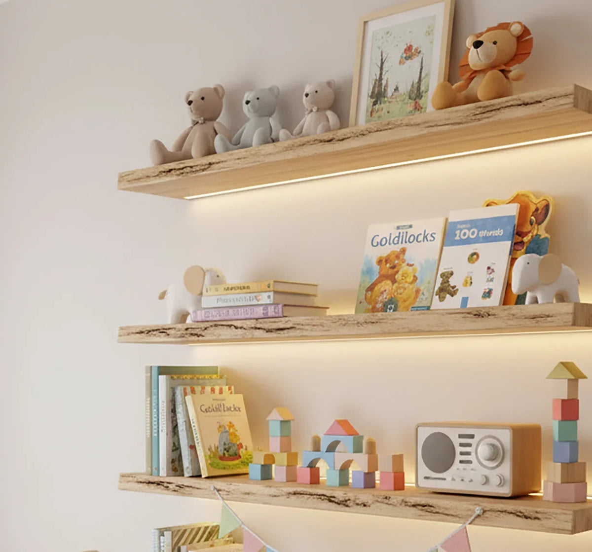 Schwebende Holzregale an der Babyzimmerwand mit Babybüchern und Dekoartikeln