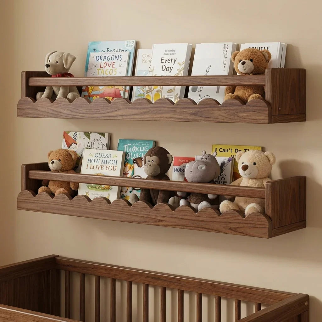 Baumkanten-Babyzimmerregale aus Massivholz mit Büchern und Spielzeug im Kinderzimmer