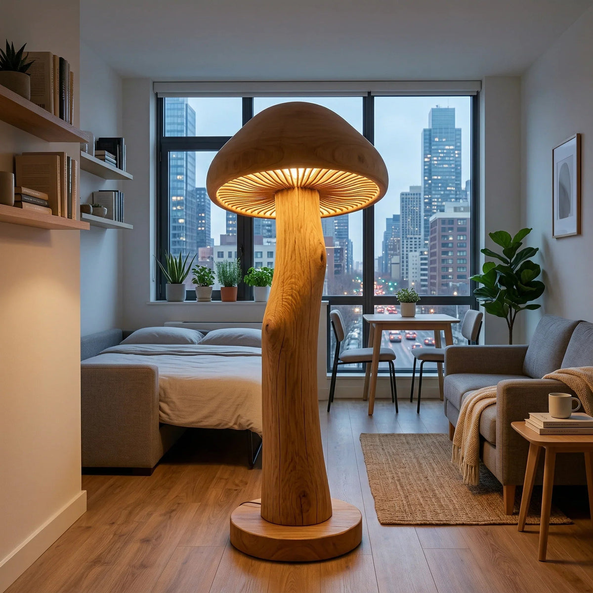 Riesen-Pilz-Stehlampe mit natürlichem Holzstamm und leuchtenden Lamellen in einer modernen Wohnung