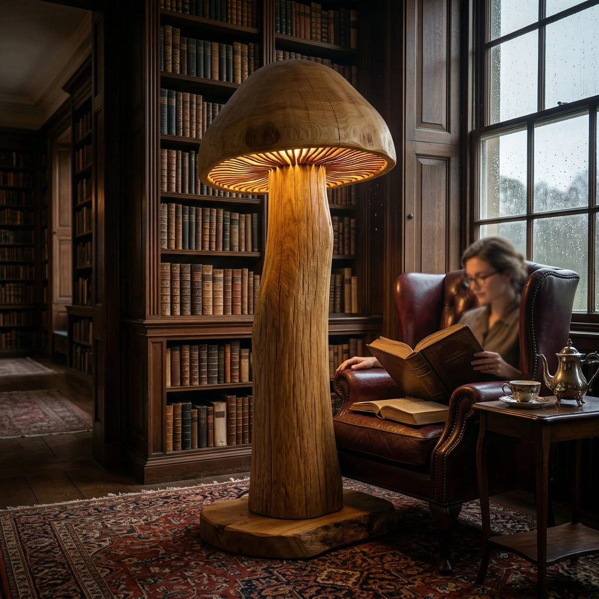 Große pilzförmige Holz-Stehlampe mit leuchtenden Lamellen in einer gemütlichen Bibliothek.