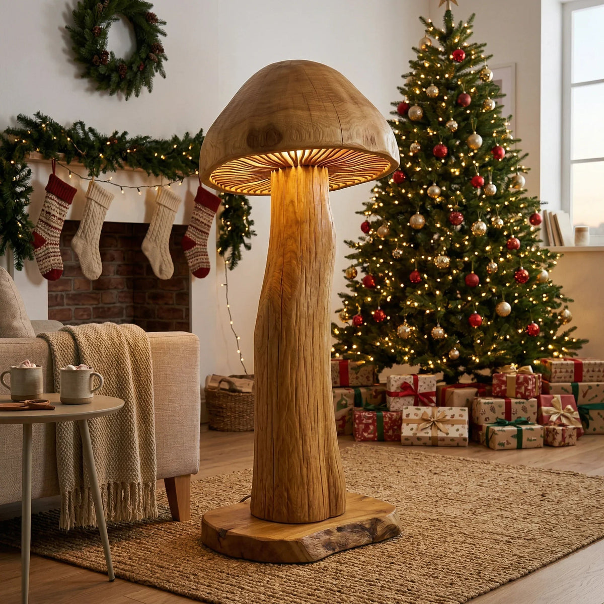 Große Pilz-Stehlampe aus Holz mit leuchtenden Lamellen in einem gemütlichen weihnachtlichen Wohnzimmer