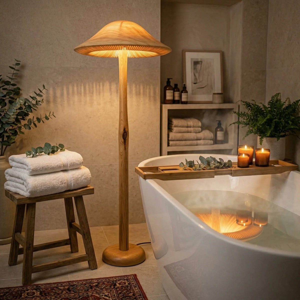 Goldene Pilz-Stehlampe mit Holzfuß in einem gemütlichen Badezimmer, nahe Wanne und Kerzen.