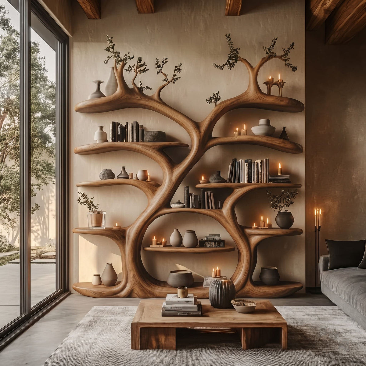 Große Baumkronen-Bücherregalwand aus Holz – Skulpturale Bibliothek vom Boden bis zur Decke