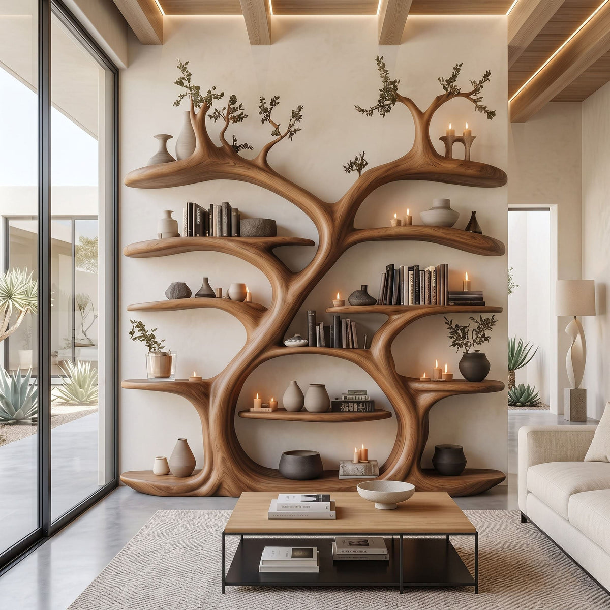 Große Baumkronen-Bücherregalwand aus Holz – Skulpturale Bibliothek vom Boden bis zur Decke