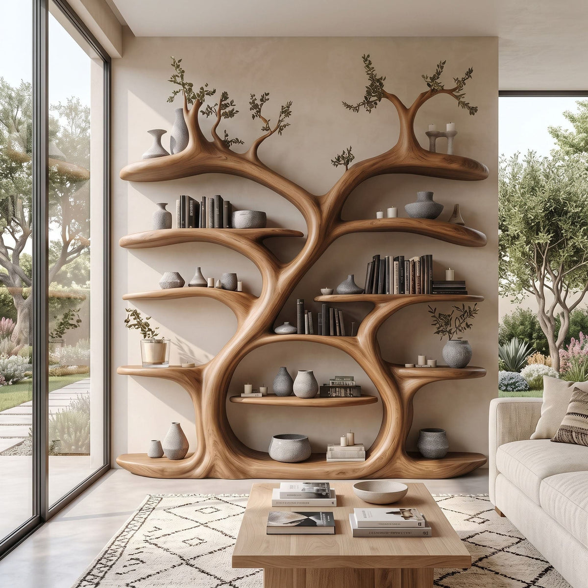 Große Baumkronen-Bücherregalwand aus Holz – Skulpturale Bibliothek vom Boden bis zur Decke