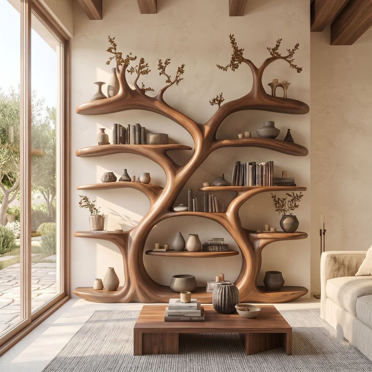 Große Baumkronen-Bücherregalwand aus Holz – Skulpturale Bibliothek vom Boden bis zur Decke