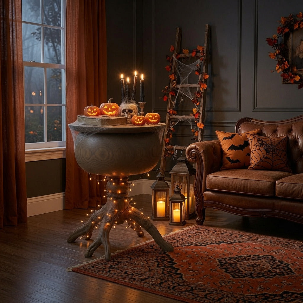 Halloween-Kessel-Beistelltisch aus Massivholz mit Baumwurzel in einem gemütlichen Wohnzimmer