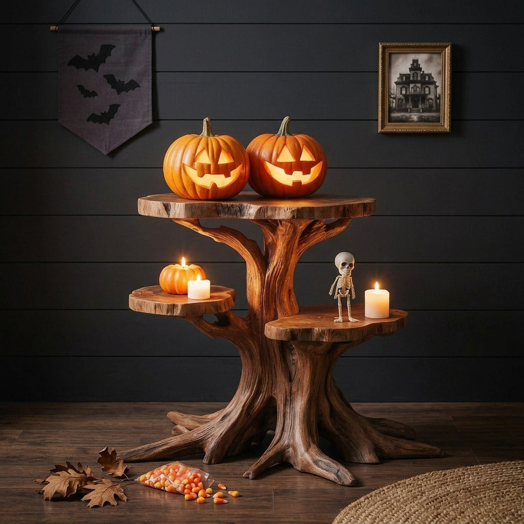 Mehrstöckiger Halloween-Beistelltisch aus Massivholz in Astform
