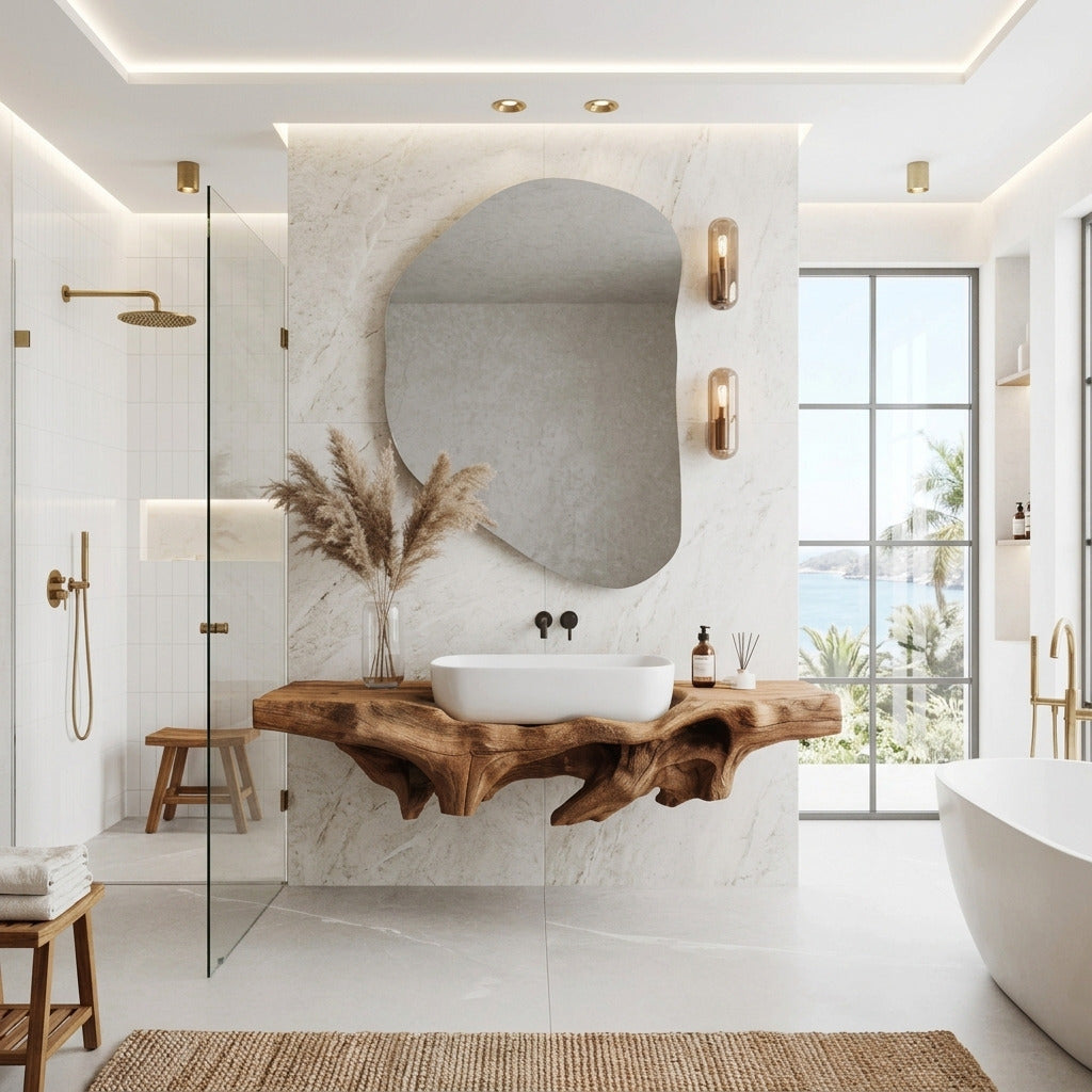 Skulpturales schwebendes Konsolenregal aus Massivholz in einem zeitgenössischen Interieur