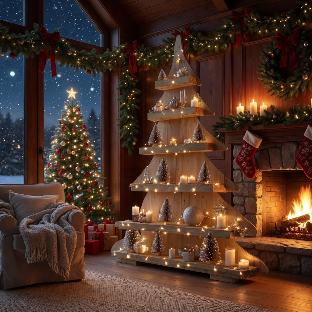 Handgeschnitztes Weihnachtsbaum-Schauregal aus Massivholz in einem modernen Wohnzimmer
