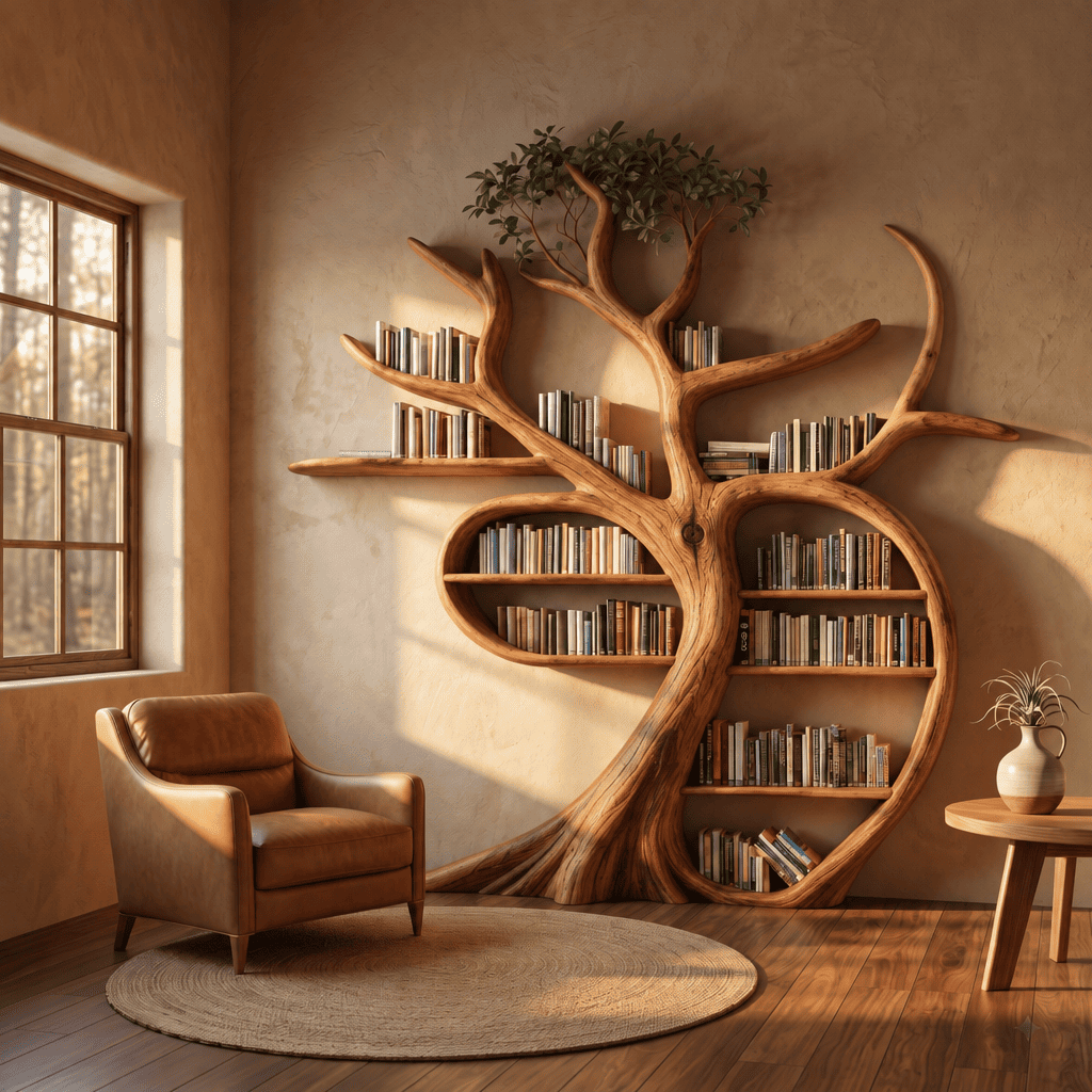 Handgeschnitztes Baum-Bücherregal und Wandbibliothek-Präsentation aus Massivholz