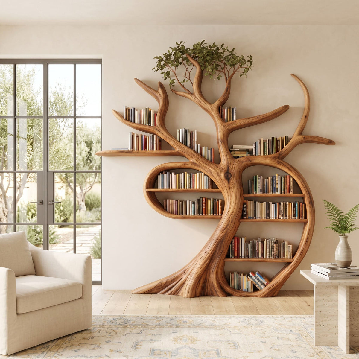 Handgeschnitztes Baum-Bücherregal aus Massivholz, mit Büchern gestylt in einem eleganten Wohnzimmer