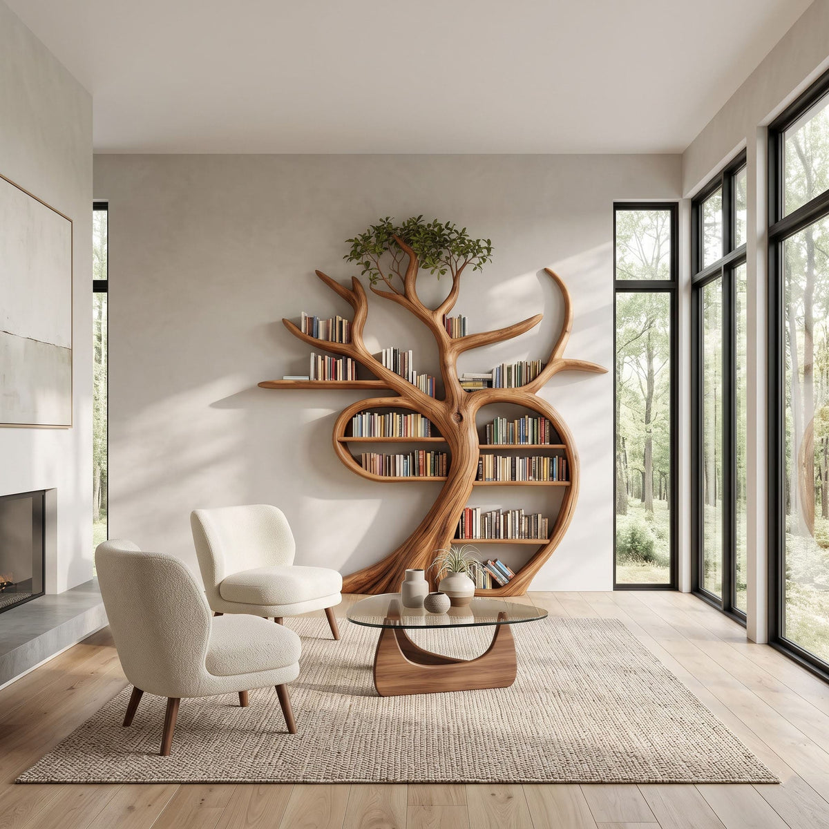 Zeitgenössisches verzweigtes Schauregal aus Massivholz, montiert in einem modernen Wohnzimmer