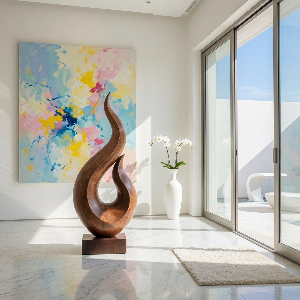 Moderne abstrakte Holzskulptur, die in einem stilvollen Interieur einen Blickpunkt schafft