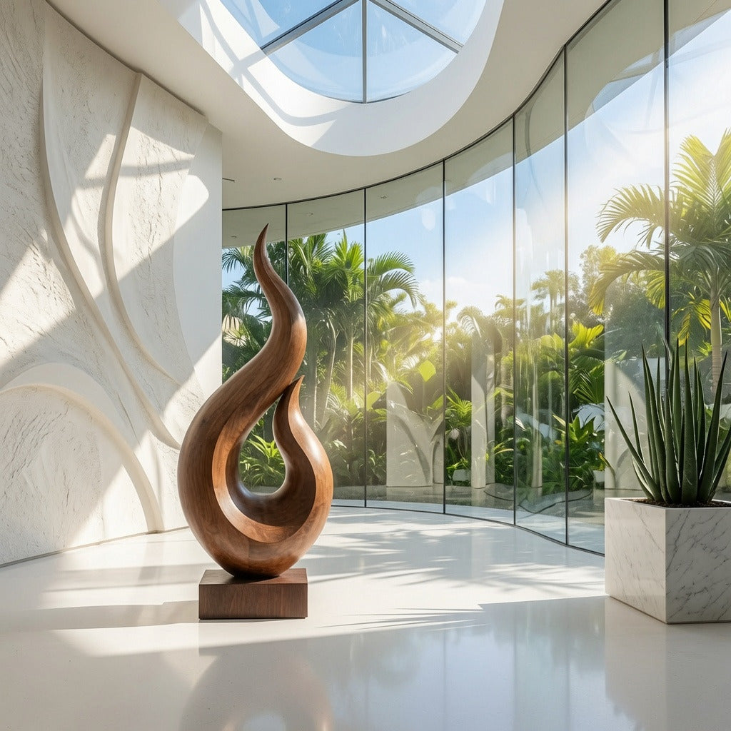 Hochwertige handgefertigte Holz-Kunststatue, die in luxuriösen Interieurs einen markanten Blickpunkt schafft