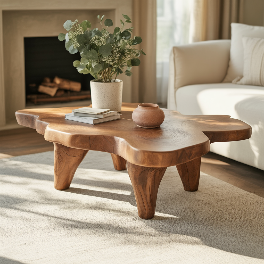 Handgemachter Couchtisch mit natürlicher Holzmaserungstextur