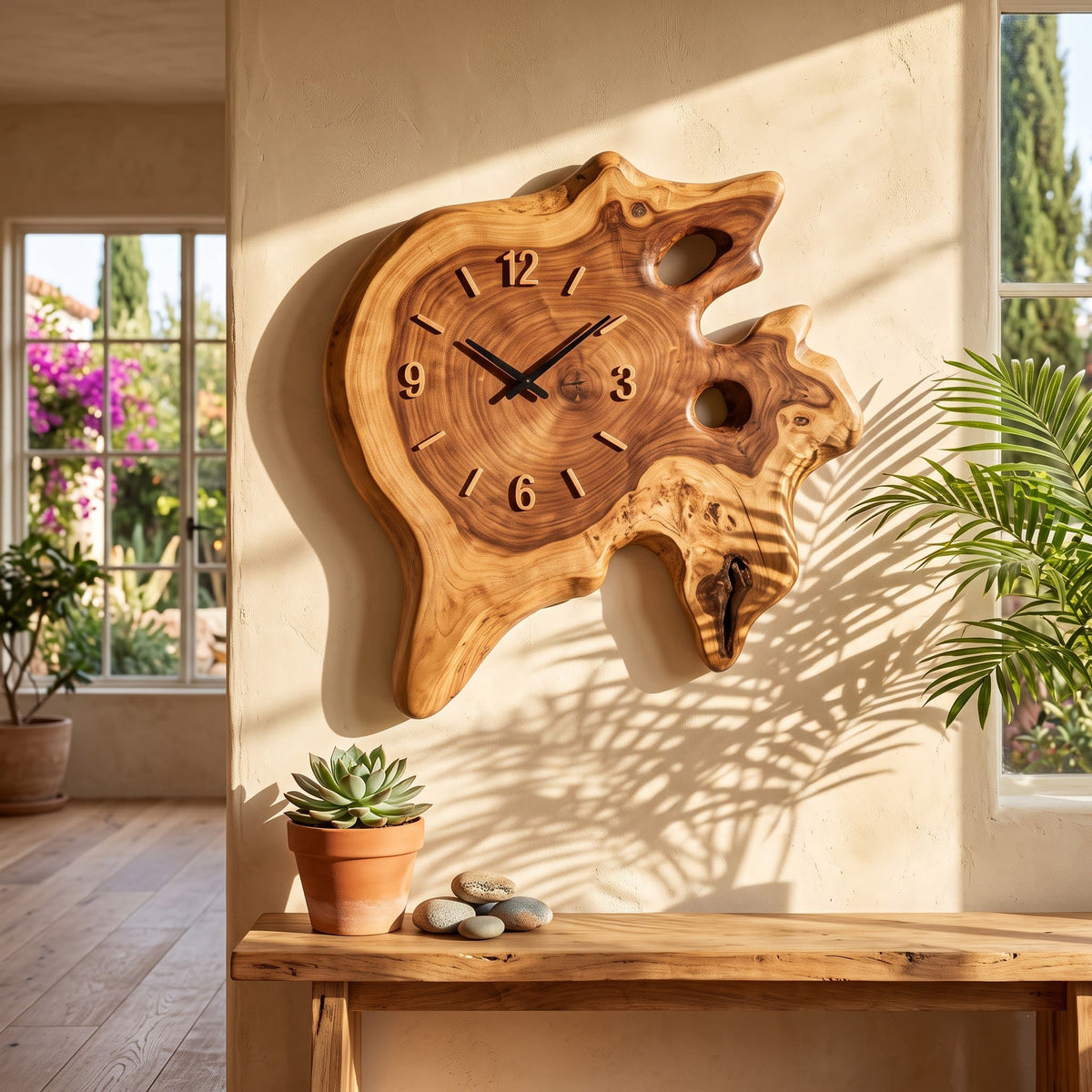 Handgefertigte Baumkanten-Maserknollen-Wanduhr aus Massivholz