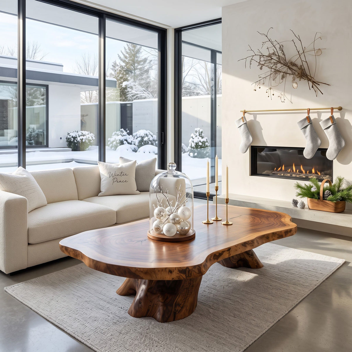 Handgefertigter Baumkanten-Weihnachts-Couchtisch aus Massivholz in einem festlichen Wohnzimmer