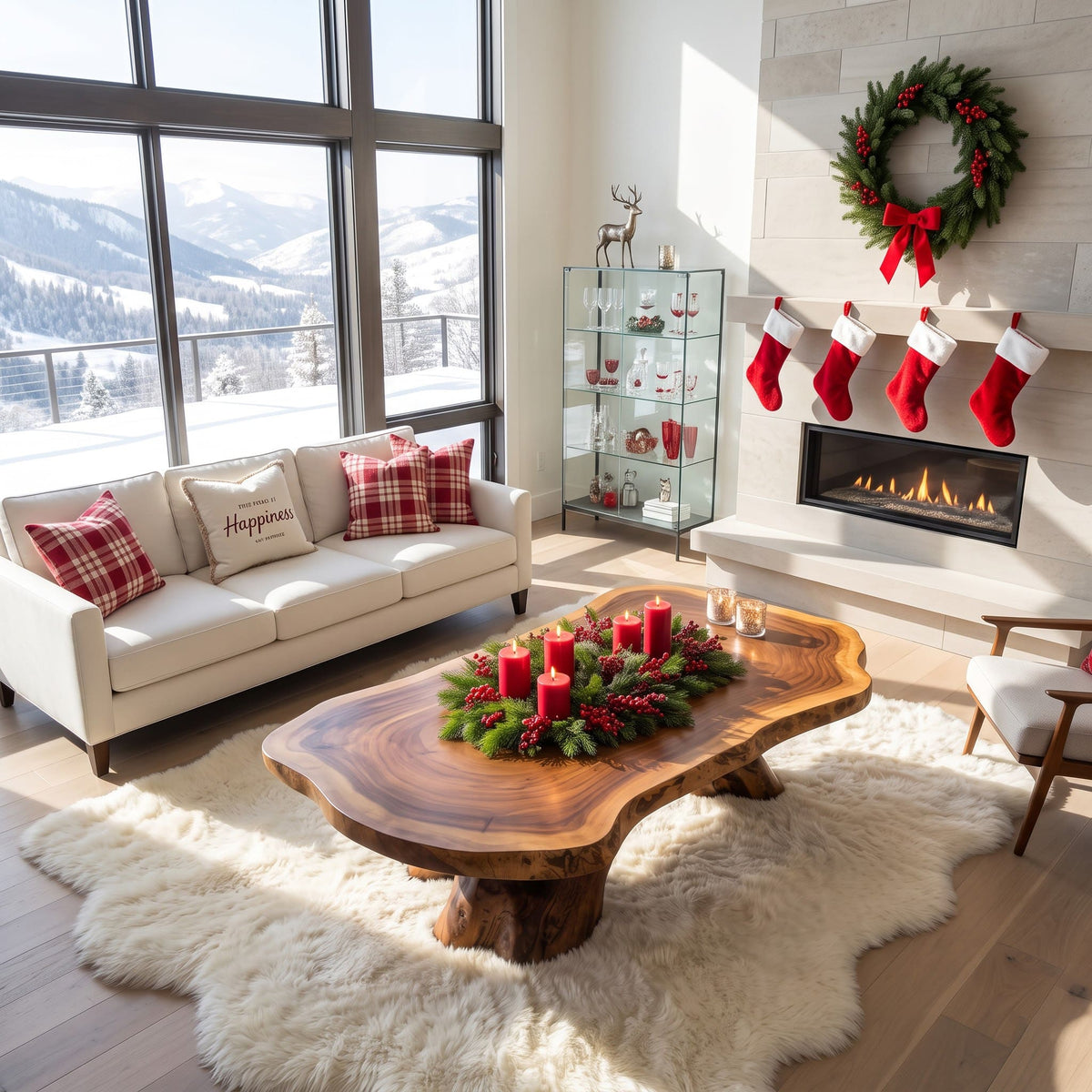 Rustikaler Baumstamm-Säulentisch aus Massivholz, der ein zeitgenössisches Weihnachtsinterieur aufwertet