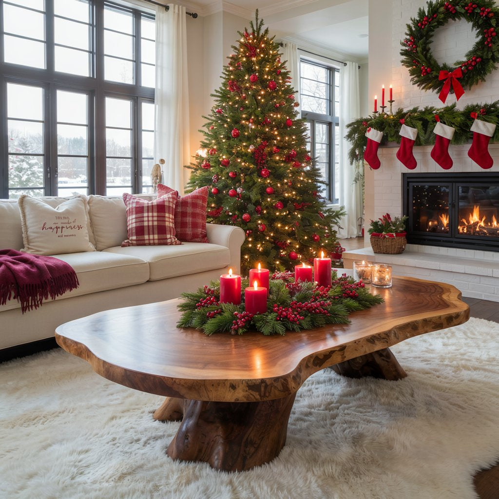 Handgefertigter Baumkanten-Weihnachts-Couchtisch aus Massivholz