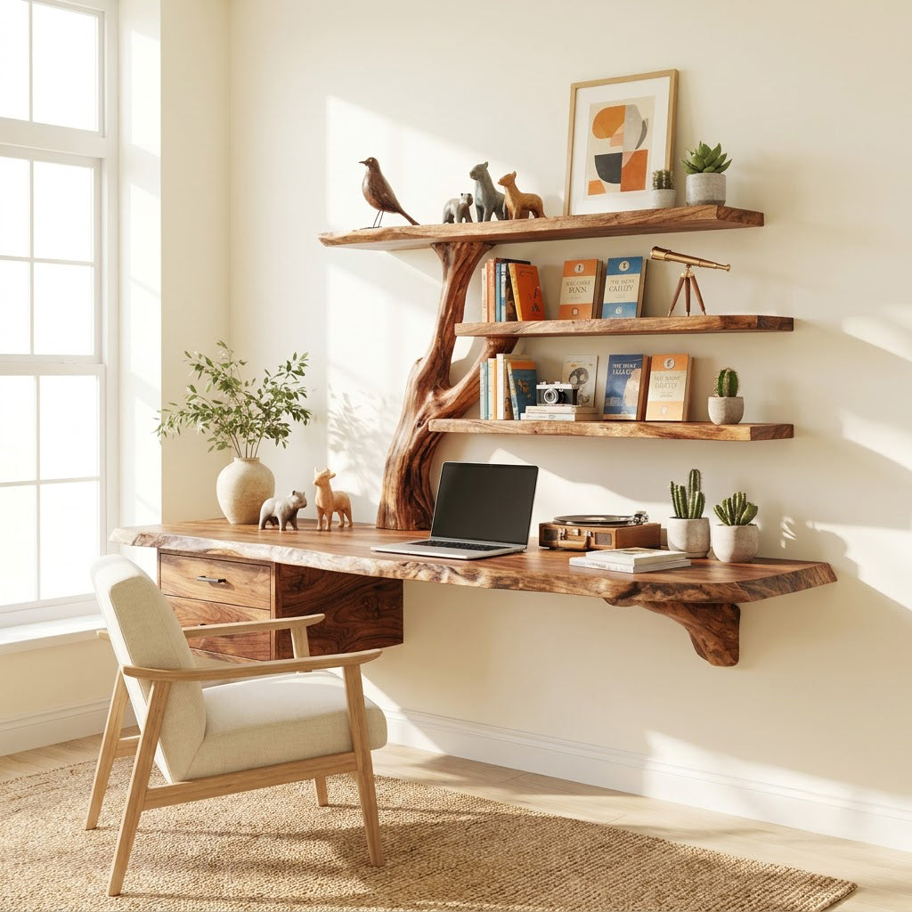 Organische Kombination aus Baumkanten-Schreibtisch und Wandbücherregal aus Massivholz in einem minimalistischen Arbeitszimmer